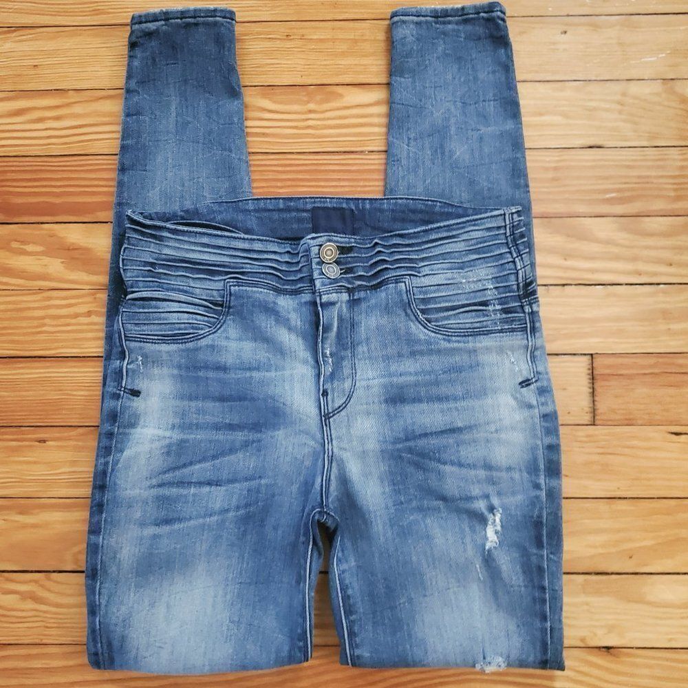 RtA Retro High Rise Pleated Waist Distressed Moto Skinny Jeans Sz 25